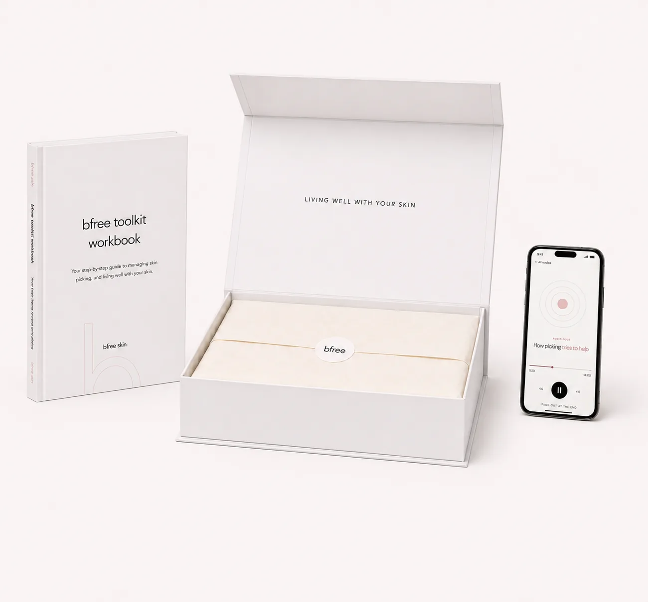 The bfree toolkit box with the printed workbook and gentle audio sessions